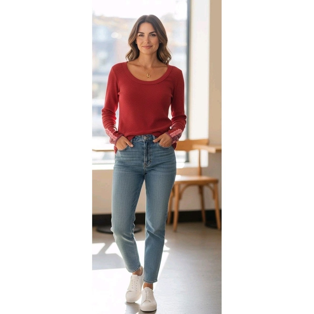 We The Free People Thermal Top Long Sleeve Henley Pink Embroidered Size Medium